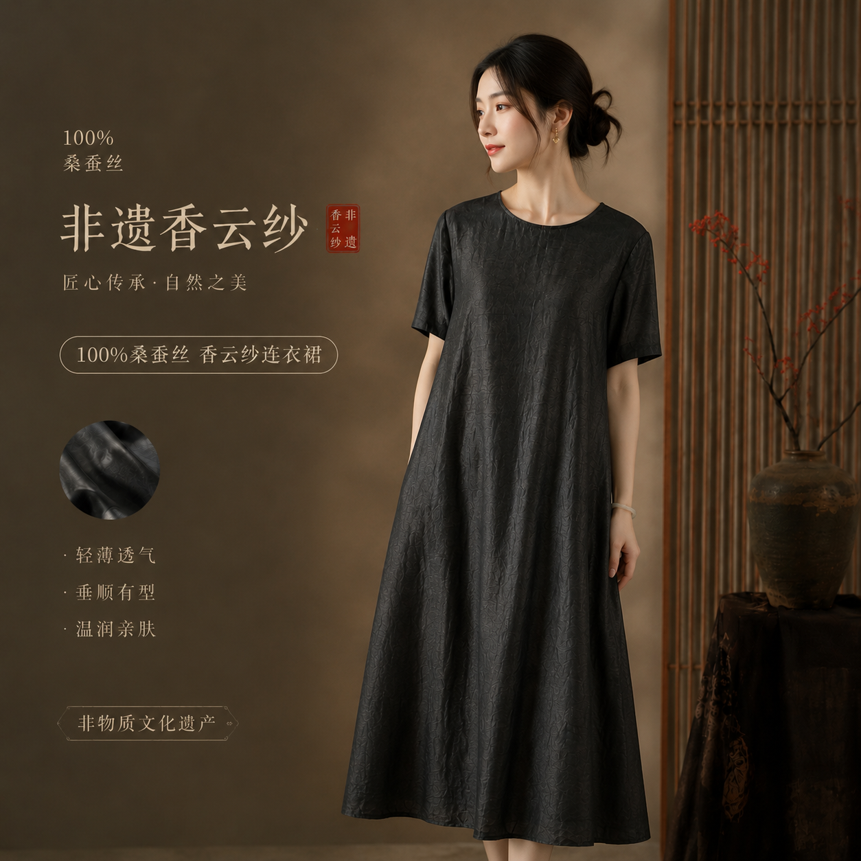 香云纱桑蚕丝显瘦短袖连衣裙