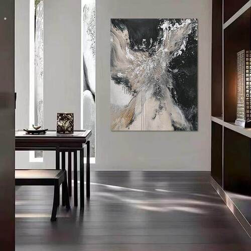 现简约抽象艺术客厅沙发手绘肌理背景墙挂画级感餐厅民宿玄关