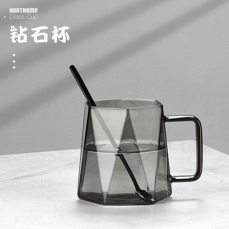 黑钻石玻璃杯马克杯咖啡杯子带勺把手耐高温轻奢玻璃办公室水杯