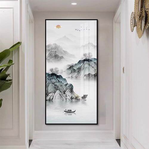 新中式山水风景入户玄关装饰画现代高档壁画客厅走廊过道竖版挂画