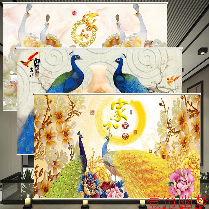 定制山水风景画手拉升降窗帘卷帘办公室挂画家用客厅卧室遮光拉帘