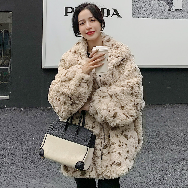 秋冬獭兔毛皮草立领毛毛外套女2022中长款宽松羊羔毛豹纹毛绒大衣