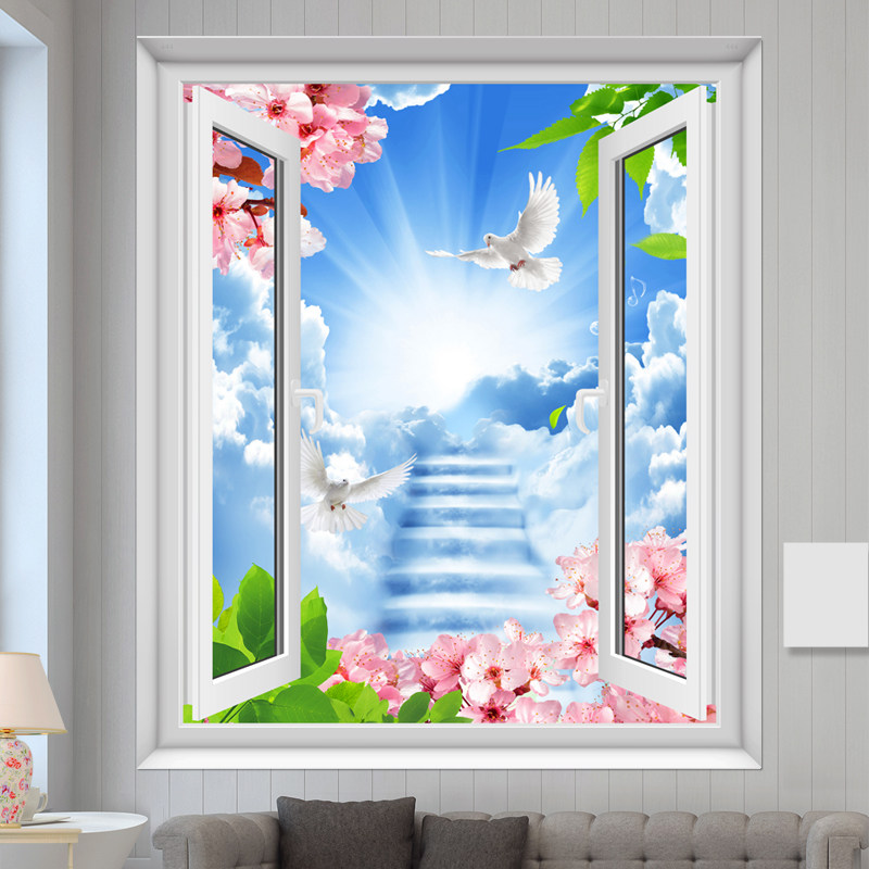 自粘壁画假窗户风景画贴纸防水房间客厅沙发背景墙装饰画创意墙贴