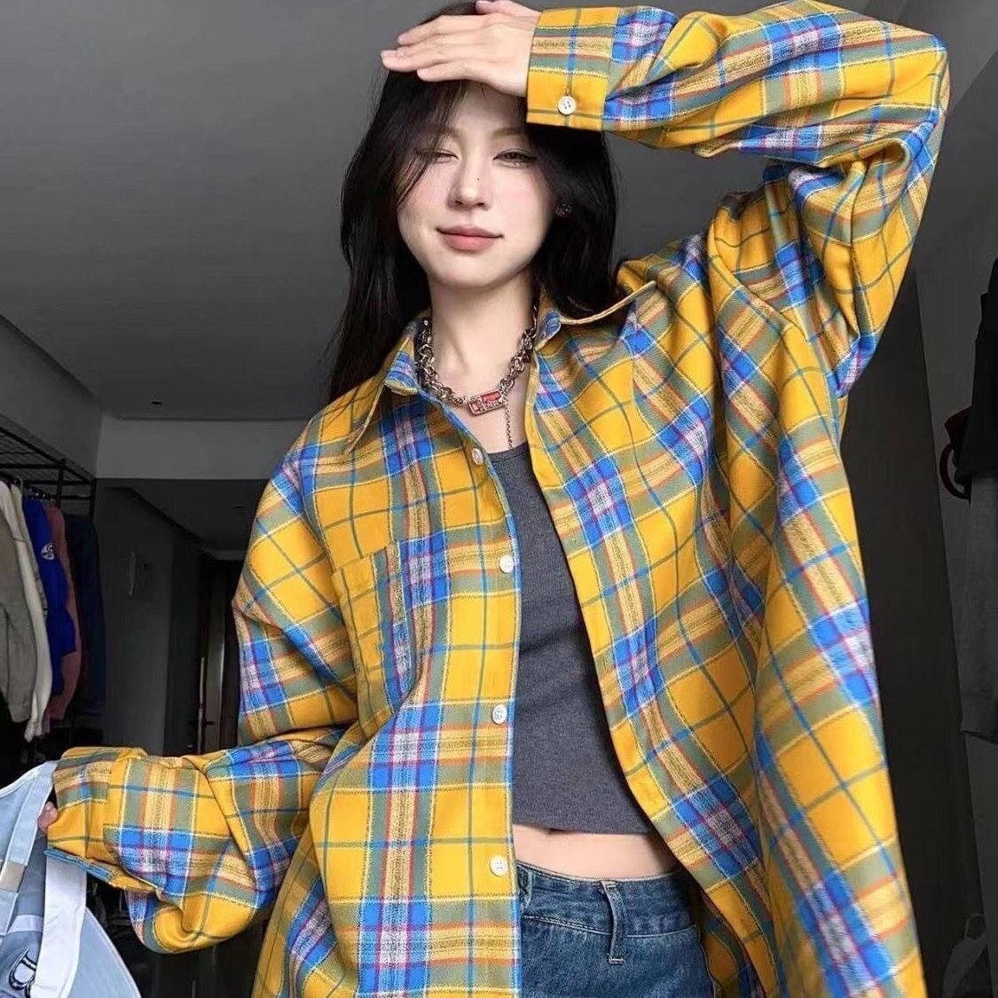 美式黄色格子衬衫长袖衬衣外套女春秋季新款小个子宽松慵懒风上衣