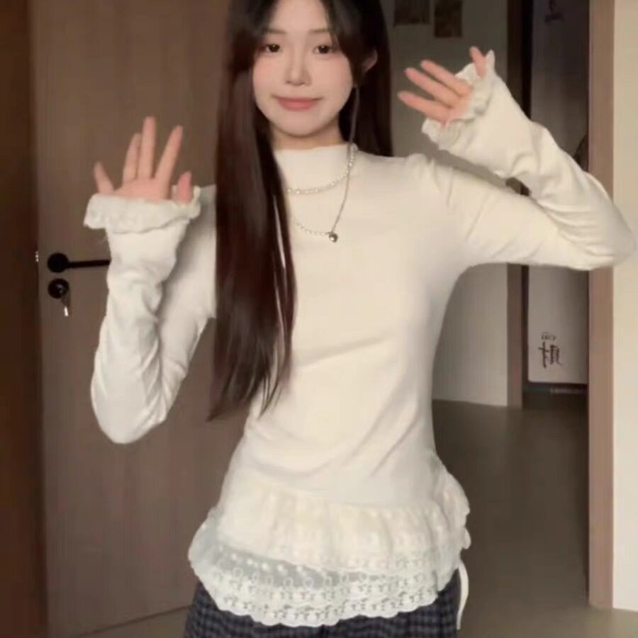 韩系纯欲蕾丝半高领长袖T恤女秋季bm风小个子修身显瘦打底衫上衣
