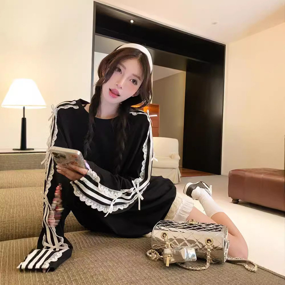 蝴蝶结黑色长袖宽松T恤女装秋季蕾丝拼接韩版中长款圆领百搭上衣