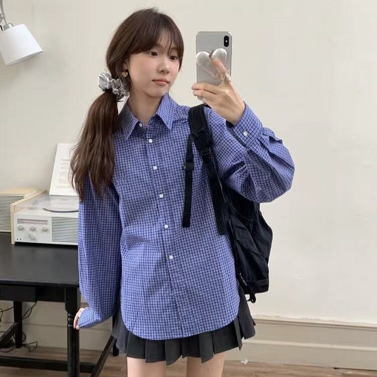 复古蓝色格子衬衫上衣女内搭春秋新款长袖宽松休闲气质小个子衬衣