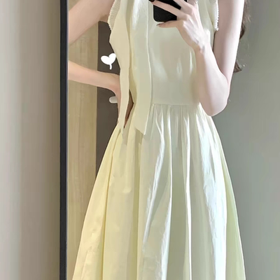 法式茶歇挂脖系带连衣裙