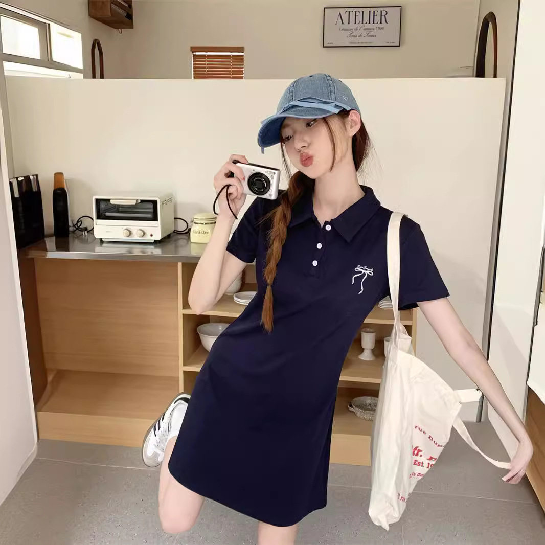 韩系polo领减龄刺绣短袖连衣裙女夏季运动风时尚收腰显瘦小众短裙
