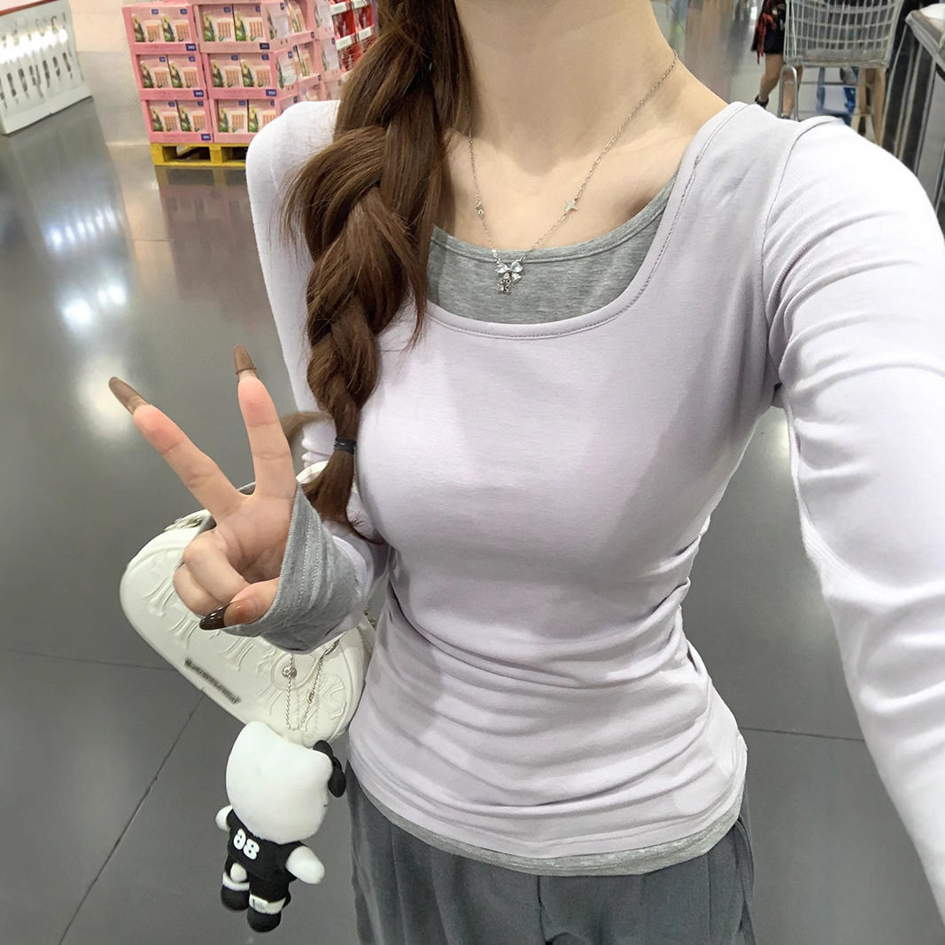 设计感撞色假两件长袖圆领T恤女春秋季韩系小众别致修身内搭上衣