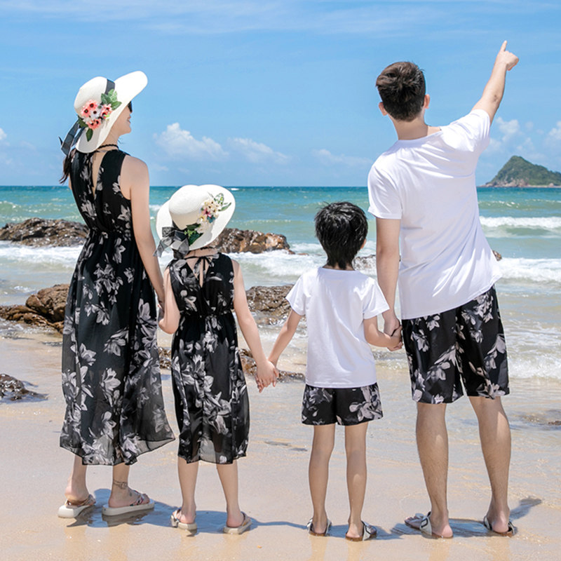 亲子装2023新款夏装母女装海边度假沙滩裙黑色洋气连衣裙一家三口