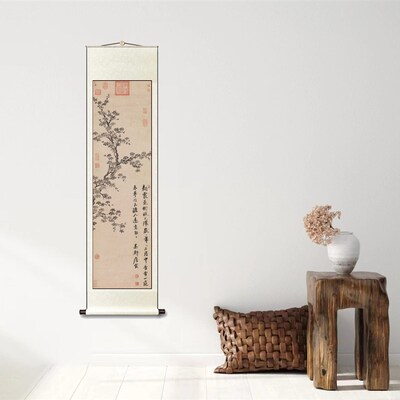 明唐唐寅 杏花图 新中式客厅玄关竖版装饰画框高清复刻临摹装饰画