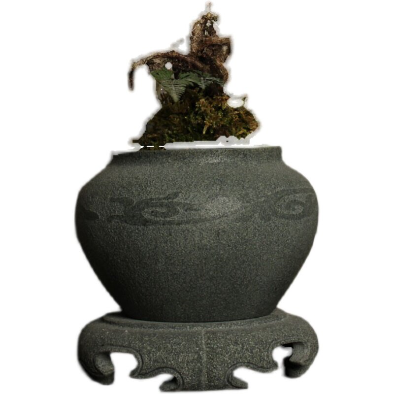 石雕盆景花盆青石装饰品家用石头花盆大理石圆形底座盘托花架整套
