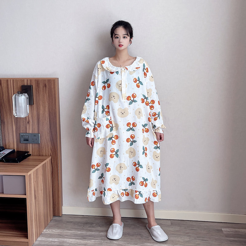 卡通纯棉纱布胖mm加大码睡裙女长款春秋长袖甜美200斤睡衣家居服
