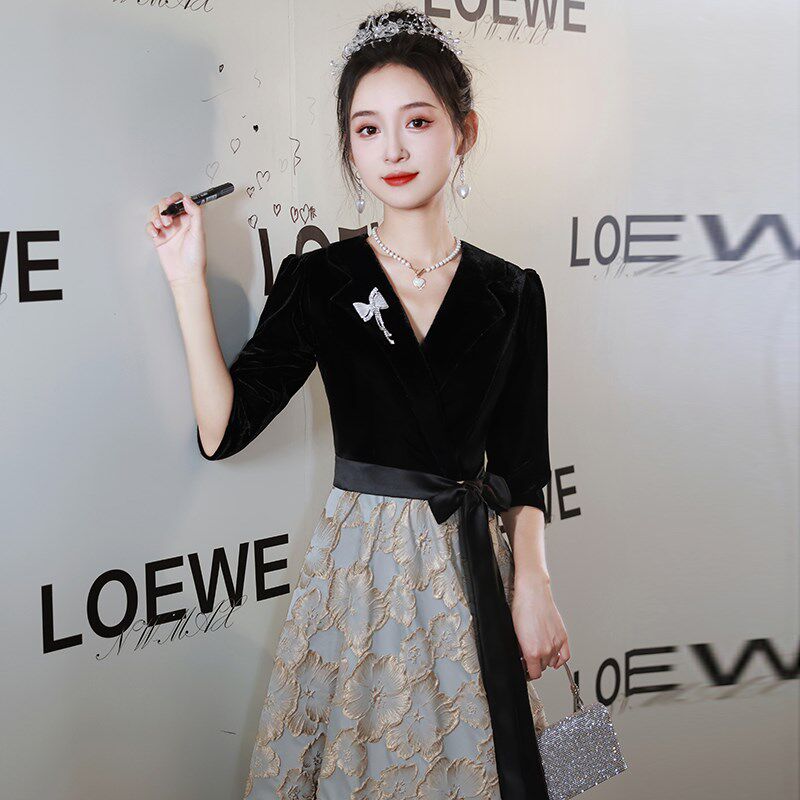 黑色年会晚礼服裙女2024新款轻奢小众高端宴会高级感法式主持人