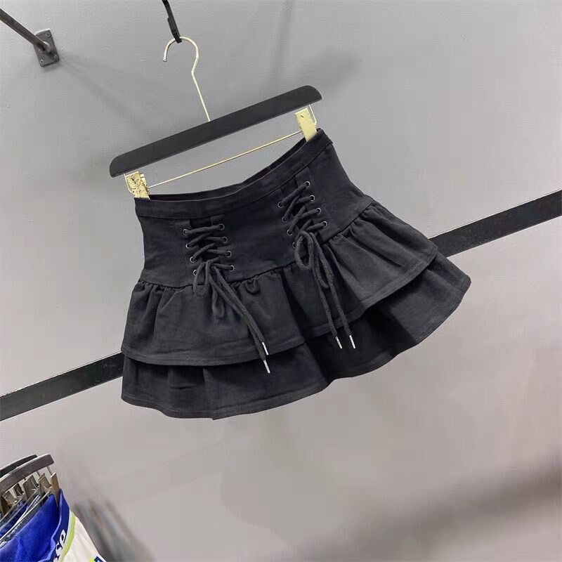 女童夏季新款绑带荷叶边牛仔半身裙2024年松紧腰黑色A字蓬蓬短裙