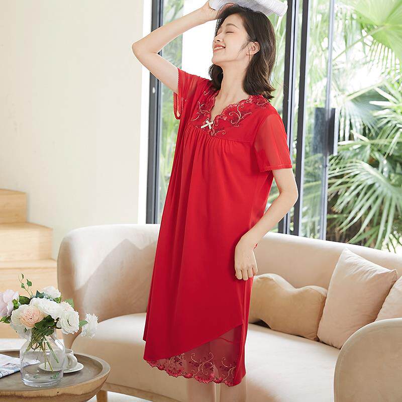 睡裙女新款红色纯棉短袖宽松大码绣花家居服蕾丝薄款宽松大码休闲