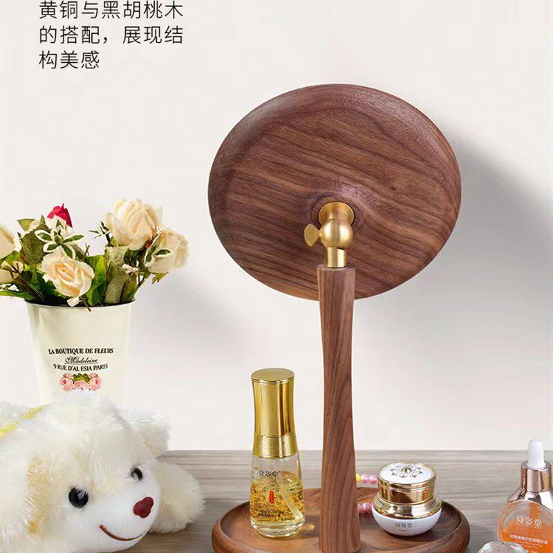 黑胡桃木复古台面木制圆形梳妆镜化妆镜立式卧室桌面镜子置物收纳