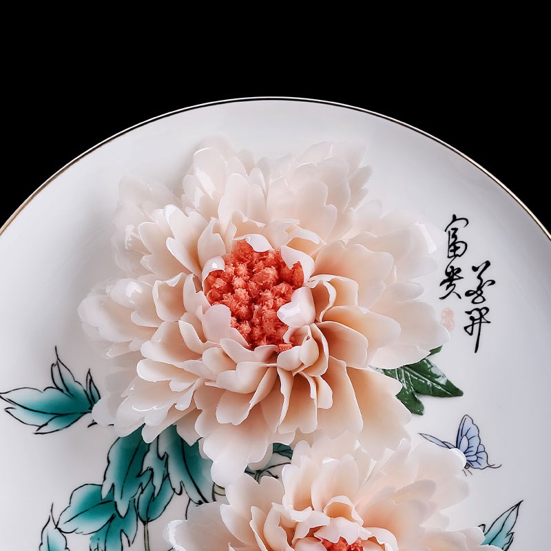 东方泥土《花开富贵》纯手工牡丹陶瓷花挂盘摆件中式客厅玄关装饰