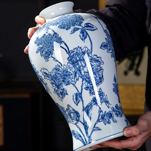帛画高温釉陶瓷梅瓶可水培新中式青花瓷花瓶客厅家居插花装饰摆饰