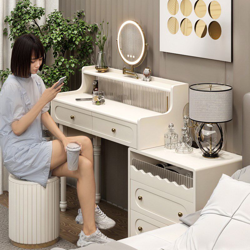 2025新款实木烤漆梳妆台斗柜一体奶油风简约铭运轻奢高级感化妆桌