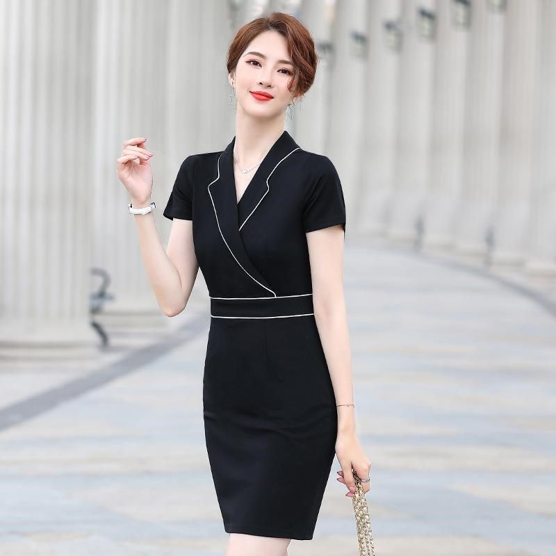 职业连衣裙女夏季新款黑色修身时尚轻奢名媛气质师工作服工装