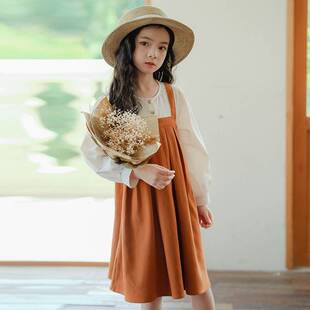 2026新款韩版女童秋款背带长裙中大童假二件背带连衣裙长袖亲子装