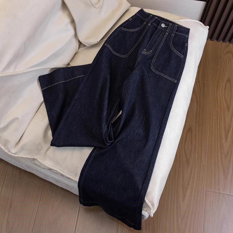 靓丽阁大码女微喇叭高腰牛仔裤女2024秋冬新款复古宽松直筒阔腿裤