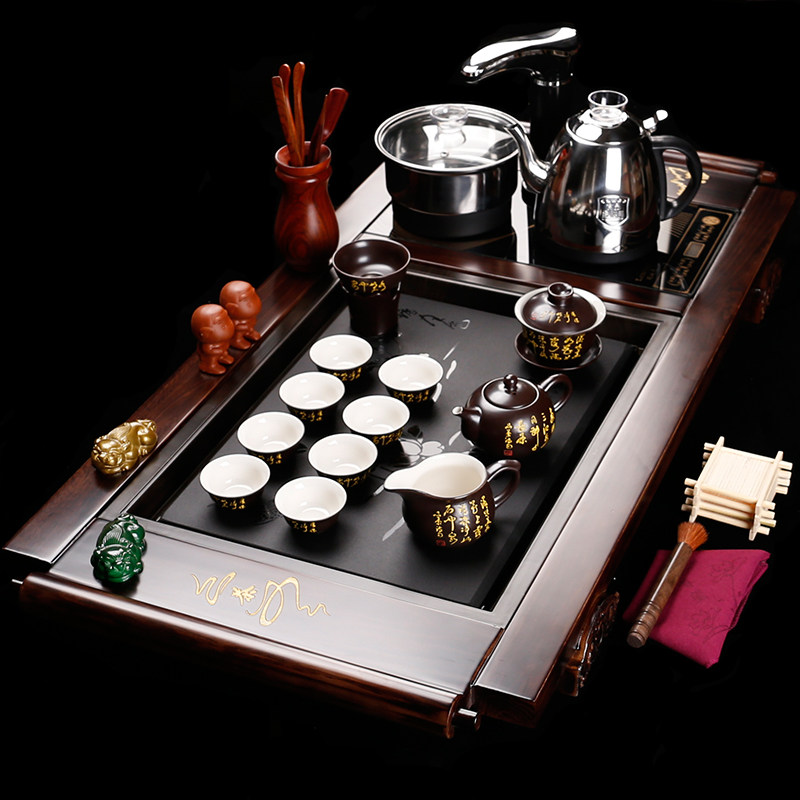 瓷韵东方茶具套装 家用实木乌金石组合茶盘带电磁炉一体茶台茶道