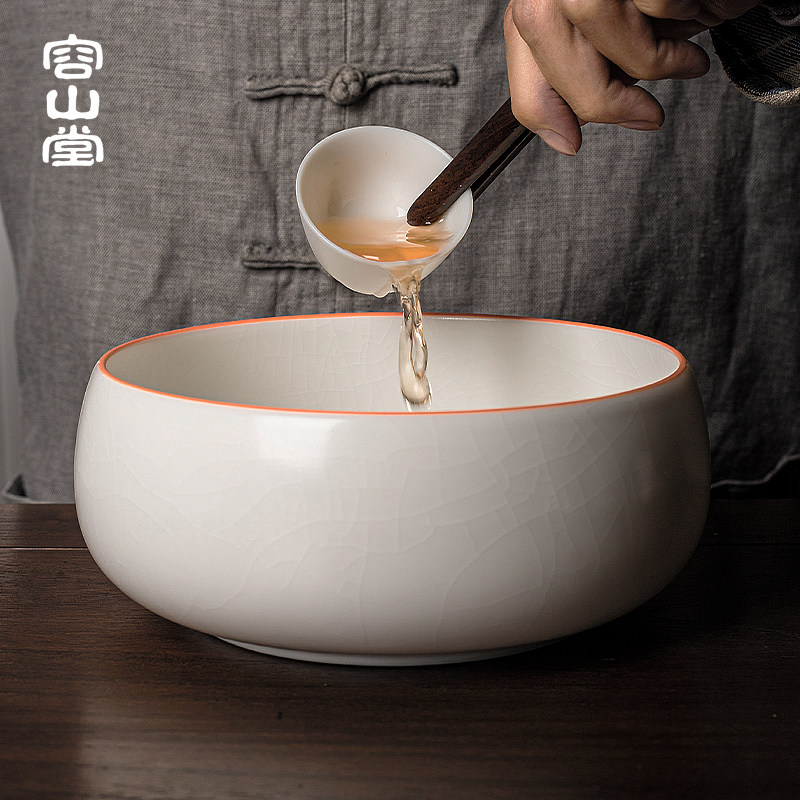 容山堂月白汝窑汝瓷茶洗缸特大号茶水桶收纳碗建水盂陶瓷茶具配件