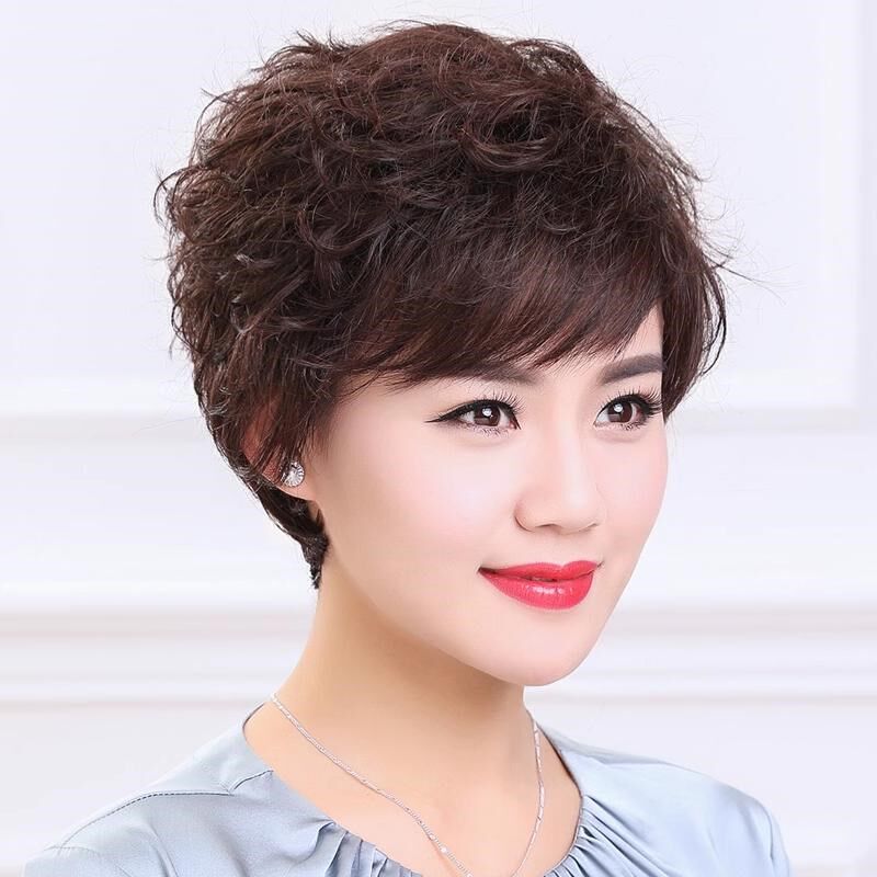 假发女短卷发中老年真发圆脸妈妈大波浪盖白发光头长发用头套R23