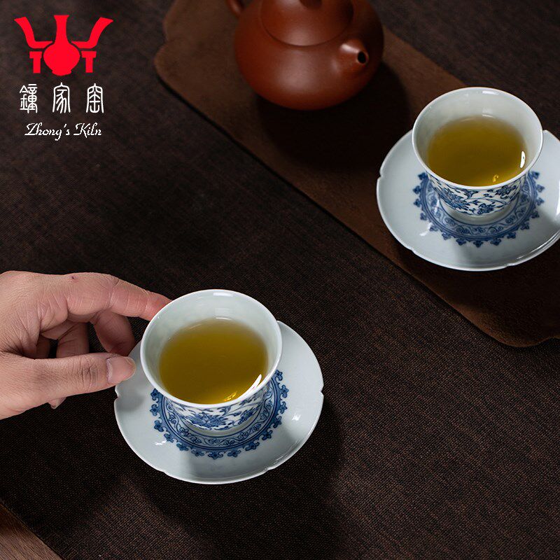 钟家窑陶瓷杯垫 景德镇手工青花葵口卷曲纹小杯托隔热防烫小杯碟