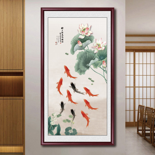 九鱼图入户过道尽头玄关装饰画走廊壁画新中式挂画竖版背景墙国画