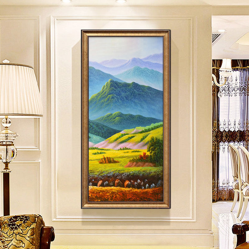 巨人山美式玄关装饰画欧式客厅走廊尽头挂画山水油画竖版过道壁画