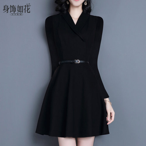 小黑裙2021秋冬季新款女装淑女A字修身V领长袖气质黑色打底连衣裙