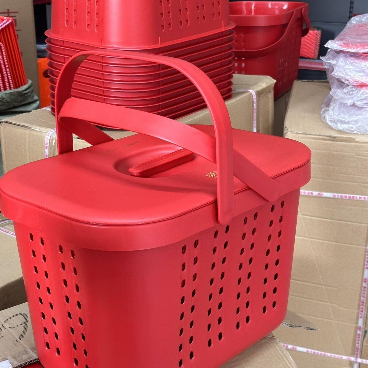 潮汕拜老爷家用超市篮子喜庆手提双层多功能加厚带盖子提篮购物篮