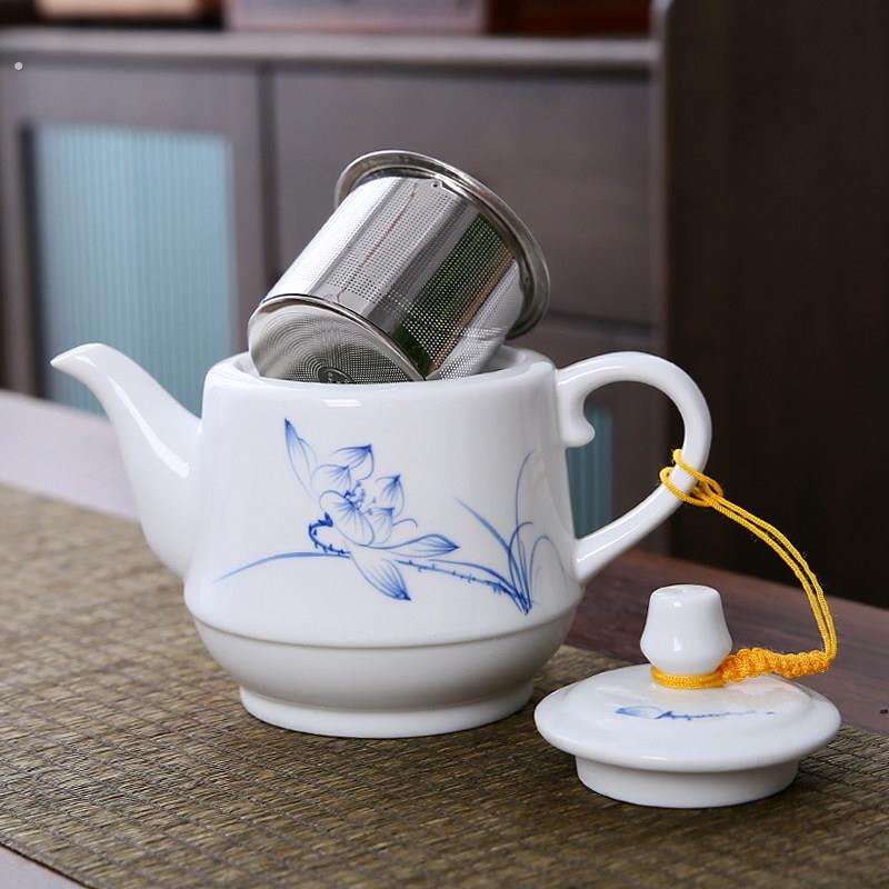 手绘白瓷茶壶过滤网内置陶瓷大号单壶功夫茶具红茶泡茶器配干泡盘