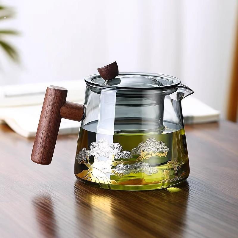 玻璃茶壶家用耐高温玻璃过滤单壶玻璃茶具煮茶壶木把泡茶壶套装
