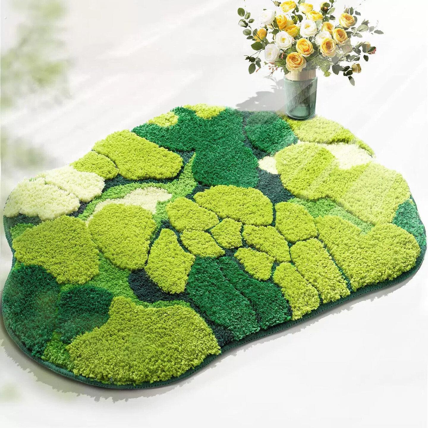 简约田园风绿色苔藓植绒浴室地毯叶子浴室垫防滑可机洗吸水地垫子