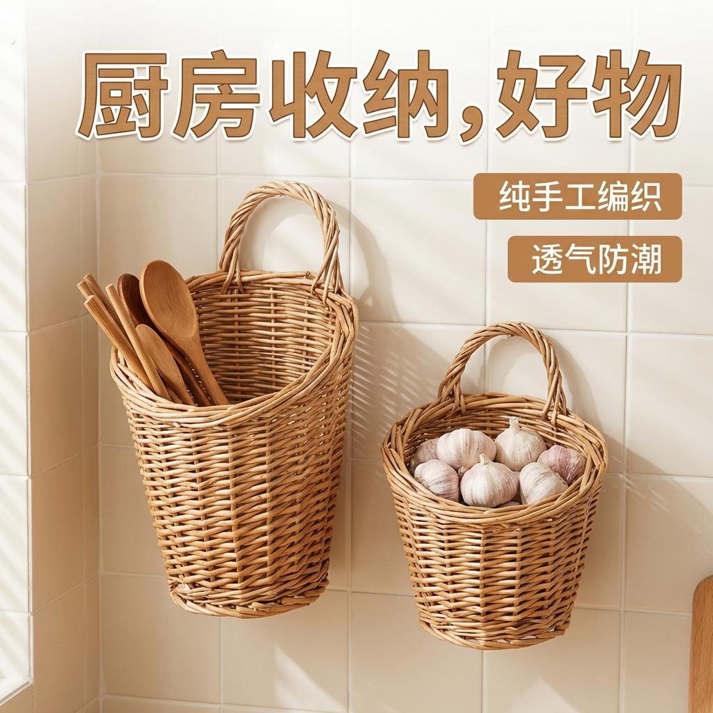 藤编壁挂篮厨房放生姜大蒜壁挂式杂物小篮子手工编织创意收纳筐
