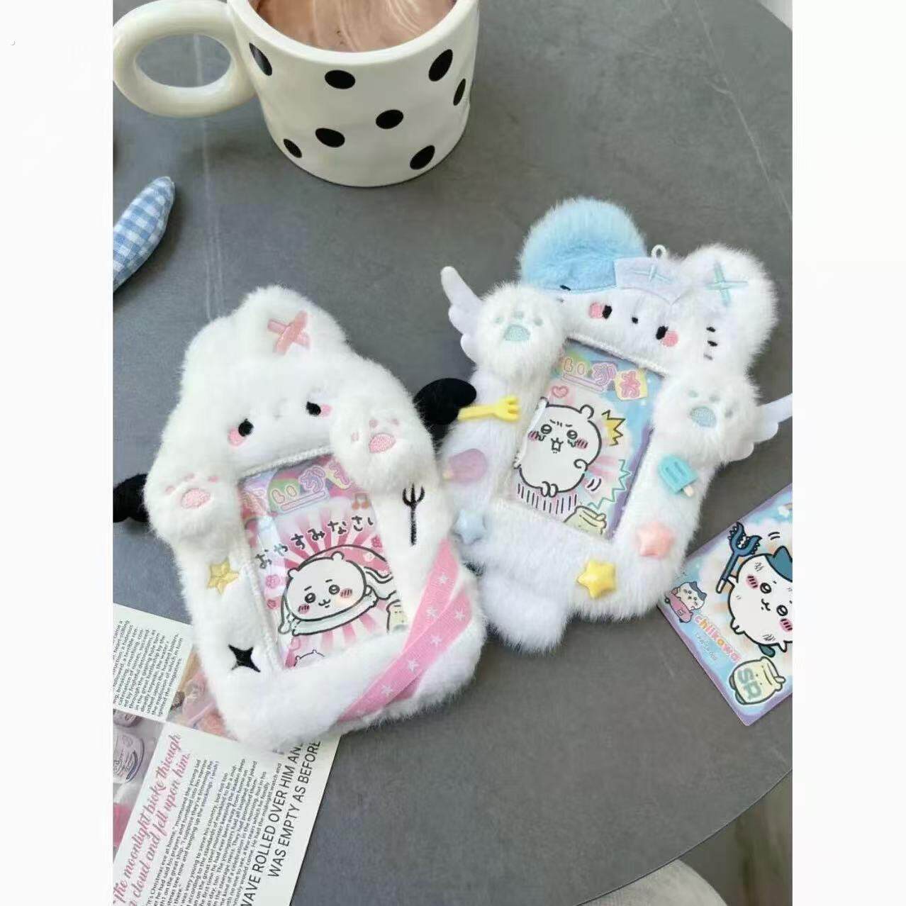 甜美毛绒绒卡套证件照片保护套可爱天使兔三寸小卡追星爱豆展示件