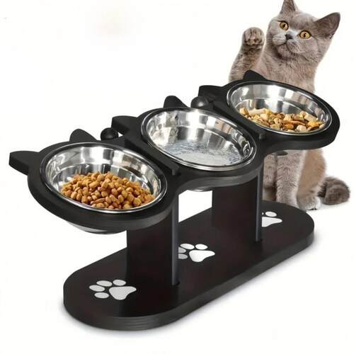 三合一加高可调节木质猫咪打翻饭碗宠物保护喂食颈椎饮水食盆