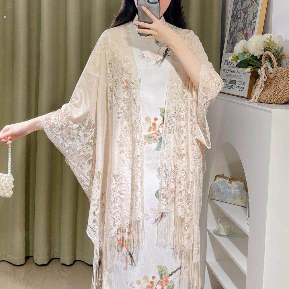 白色夏季复古百搭薄款防晒披肩镂空流苏披风外搭开衫旗袍外搭披肩