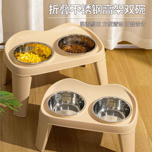 家用猫狗饮水喂食碗中大型犬狗碗不锈钢宠物碗可折叠猫咪高架双碗