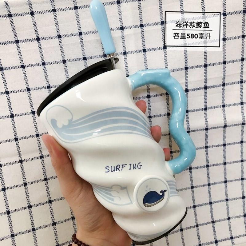 美式马克杯带盖子勺大容量螺旋陶瓷杯设计感办公室家用情侣礼品水