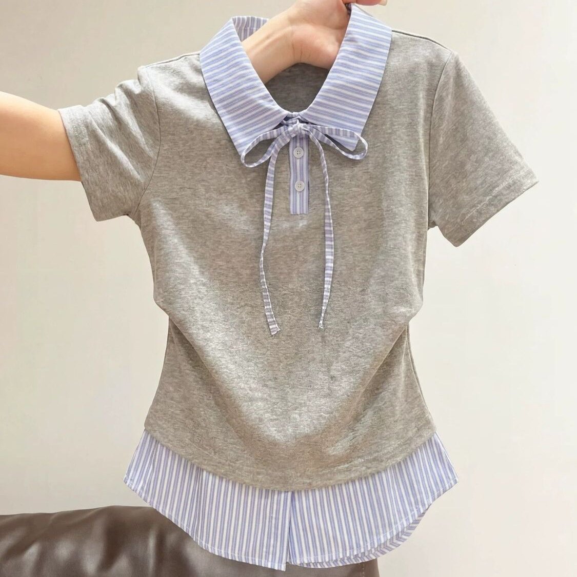 温柔休闲风拼接翻领短袖女条纹领结设计假两件小个子百搭休闲T恤