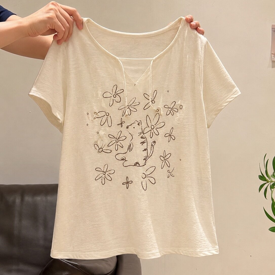 韩系清新风小熊花朵印花T恤女夏季宽松显瘦小V领百搭减龄短袖上衣