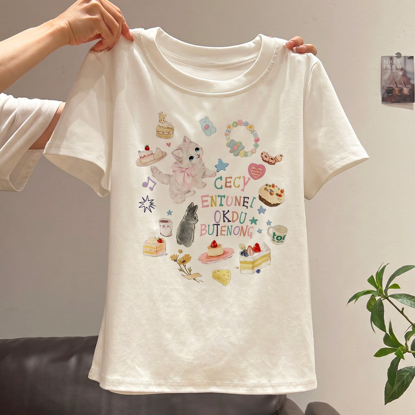 软萌风猫咪甜品印花短袖T恤女夏季新款宽松减龄可爱百搭学生上衣