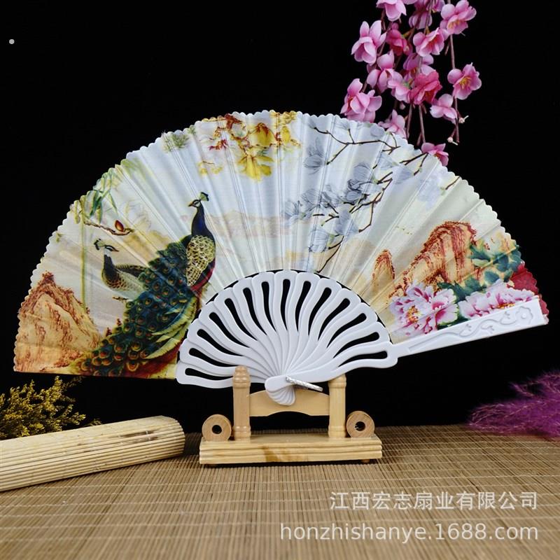 中国风7寸折扇扇子古风塑料扇子绸布孔雀图案旗袍秀扇子