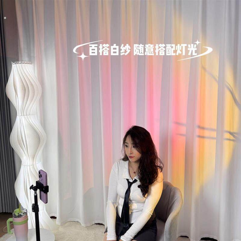 直播间背景窗帘免打孔安装魔术贴主播直播背景窗帘白纱自带褶皱帘